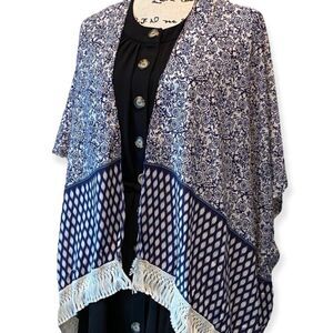Blue Floral Relax Sleeve Open Front Short Tassel Trim Kimono NEW